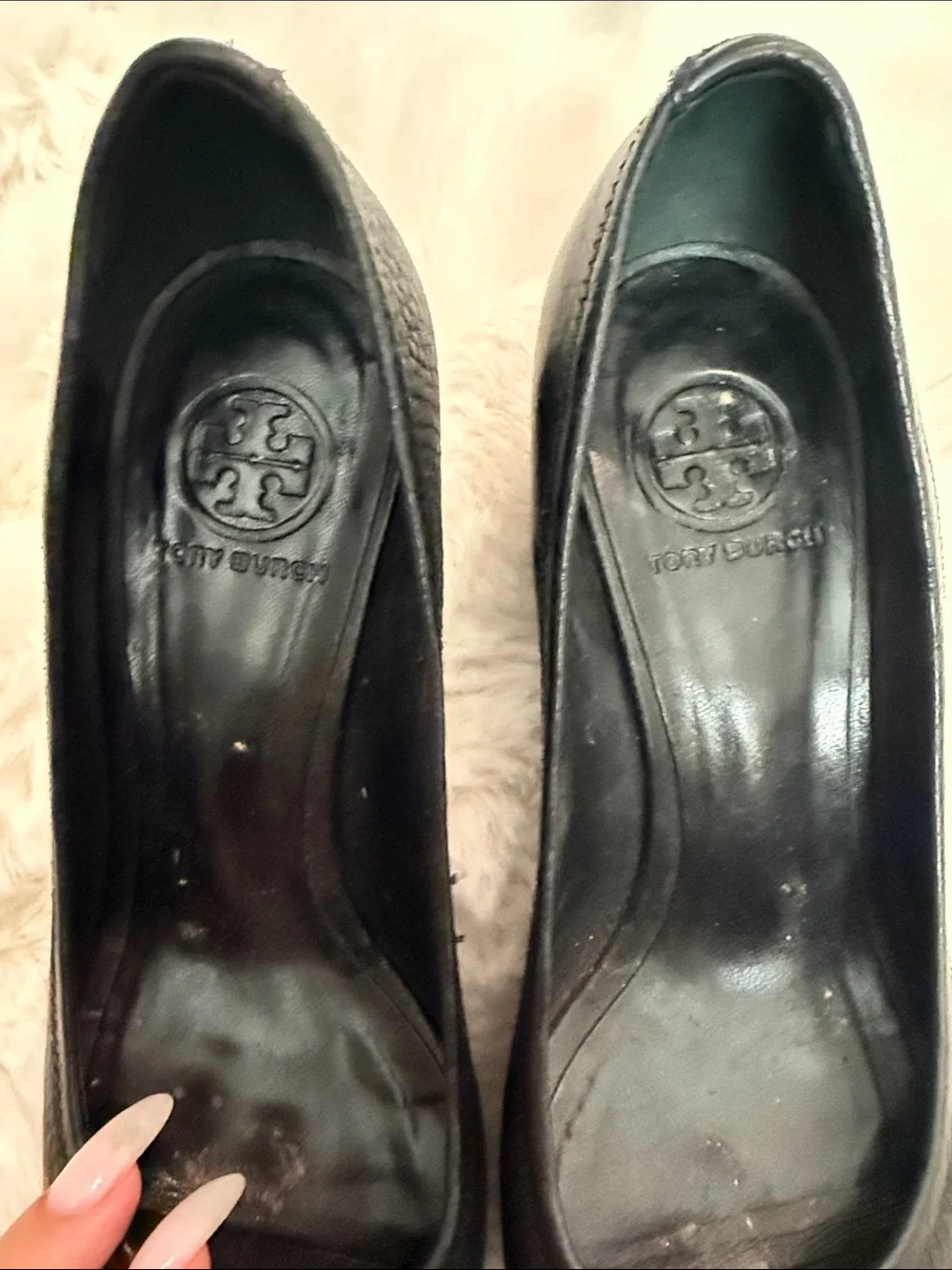 Tory Burch sally 2 peep toe  Black Leather Wedges with Silver Logo Medallion